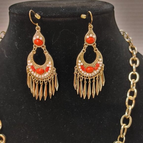 Egipcian Empress Bohemian Tribal Bib Coral color stone Necklace & Earrings Gold - Picture 2 of 4